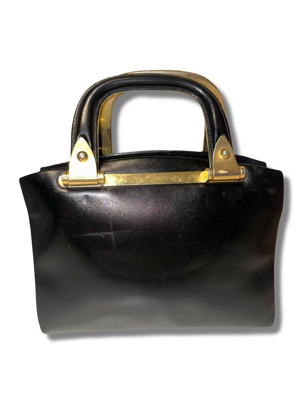 Vtg Black Leather and Gold Tone Handbag